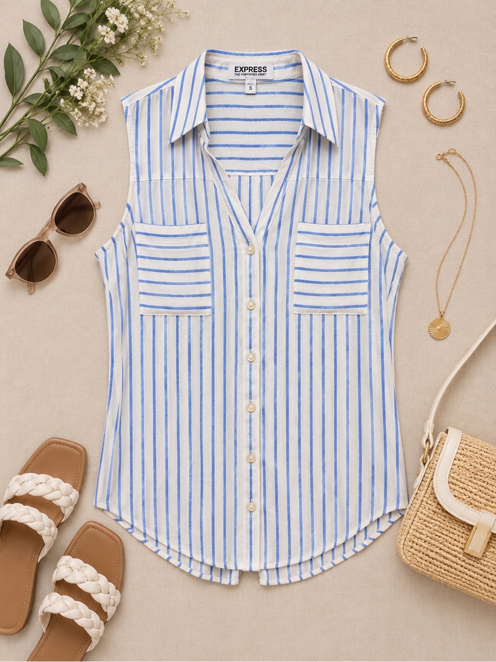 Express Blue & White Striped Sleeveless Button-Down Blouse Size Medium